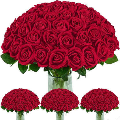 Red Roses Artificial Flowers, Real Touch Velvet Fake Roses Bouquet