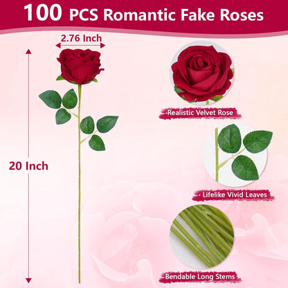 Red Roses Artificial Flowers, Real Touch Velvet Fake Roses Bouquet