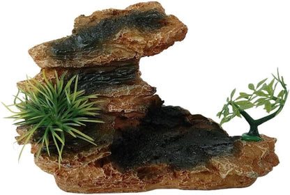 Aquarium Mountain View Stone Ornament with Tree, Artificial Resin Fish Tank Rock Cave Hill Landscape Decoration, Small Fish Hideaway Hideout for Betta Crab Shrimp