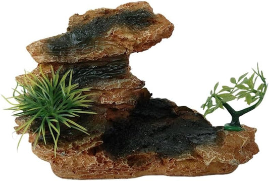 Aquarium Mountain View Stone Ornament with Tree, Artificial Resin Fish Tank Rock Cave Hill Landscape Decoration, Small Fish Hideaway Hideout for Betta Crab Shrimp