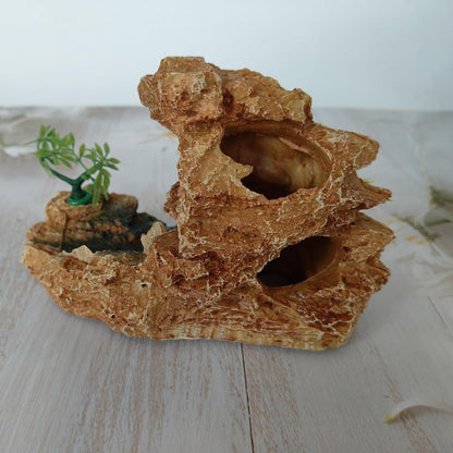 Aquarium Mountain View Stone Ornament with Tree, Artificial Resin Fish Tank Rock Cave Hill Landscape Decoration, Small Fish Hideaway Hideout for Betta Crab Shrimp