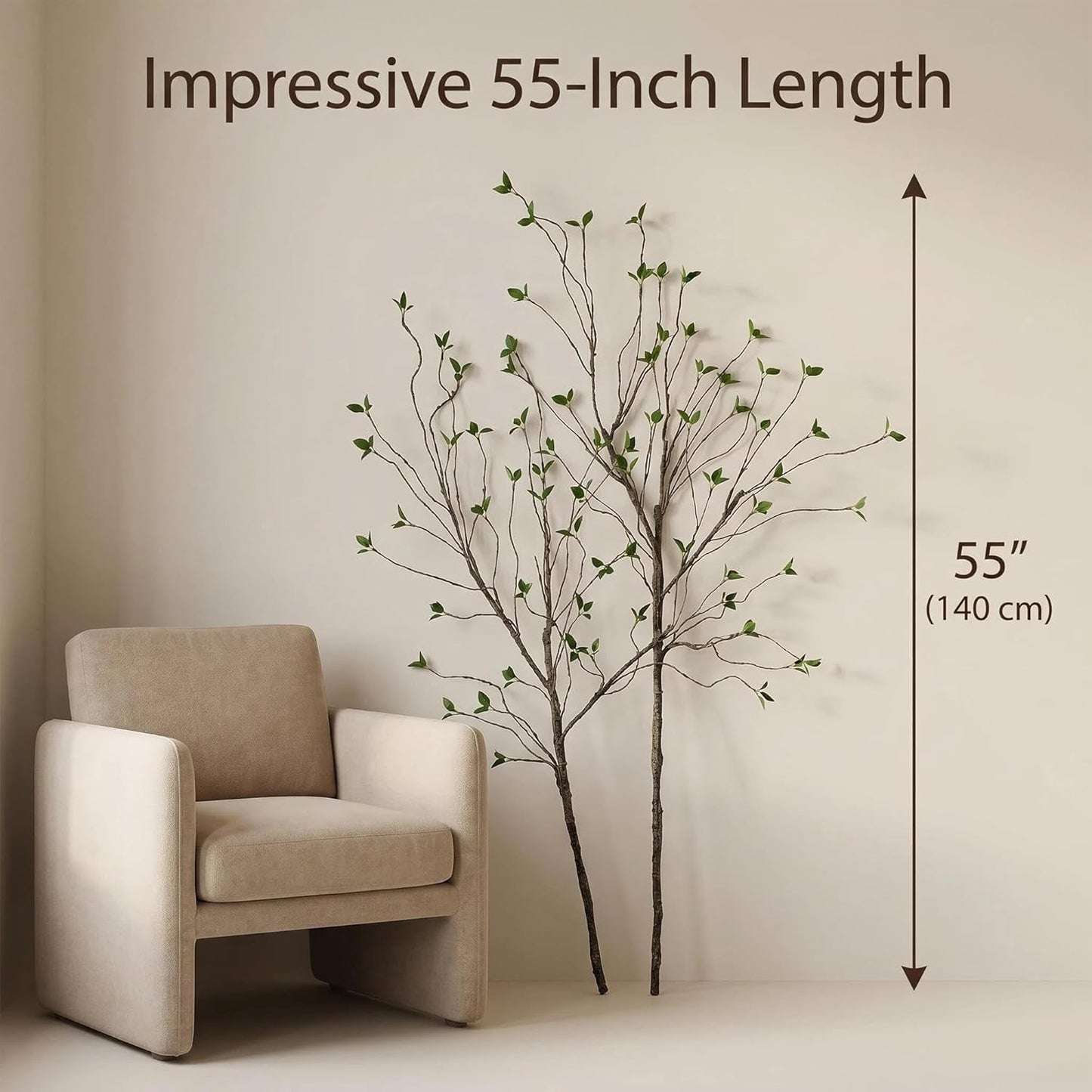 2pcs 57in Artificial Tree Branches Fake Vines with Realistic Leaves Bark Texture Bendable FauxBranches Outdoors Room Table Centerpiece Tree Wall Art Festive Decor（No Vases） (Minimalist_Style)