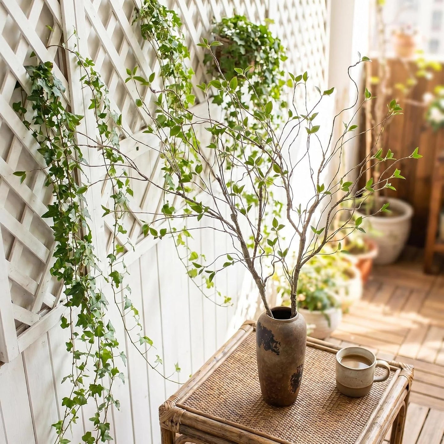 2pcs 57in Artificial Tree Branches Fake Vines with Realistic Leaves Bark Texture Bendable FauxBranches Outdoors Room Table Centerpiece Tree Wall Art Festive Decor（No Vases） (Minimalist_Style)