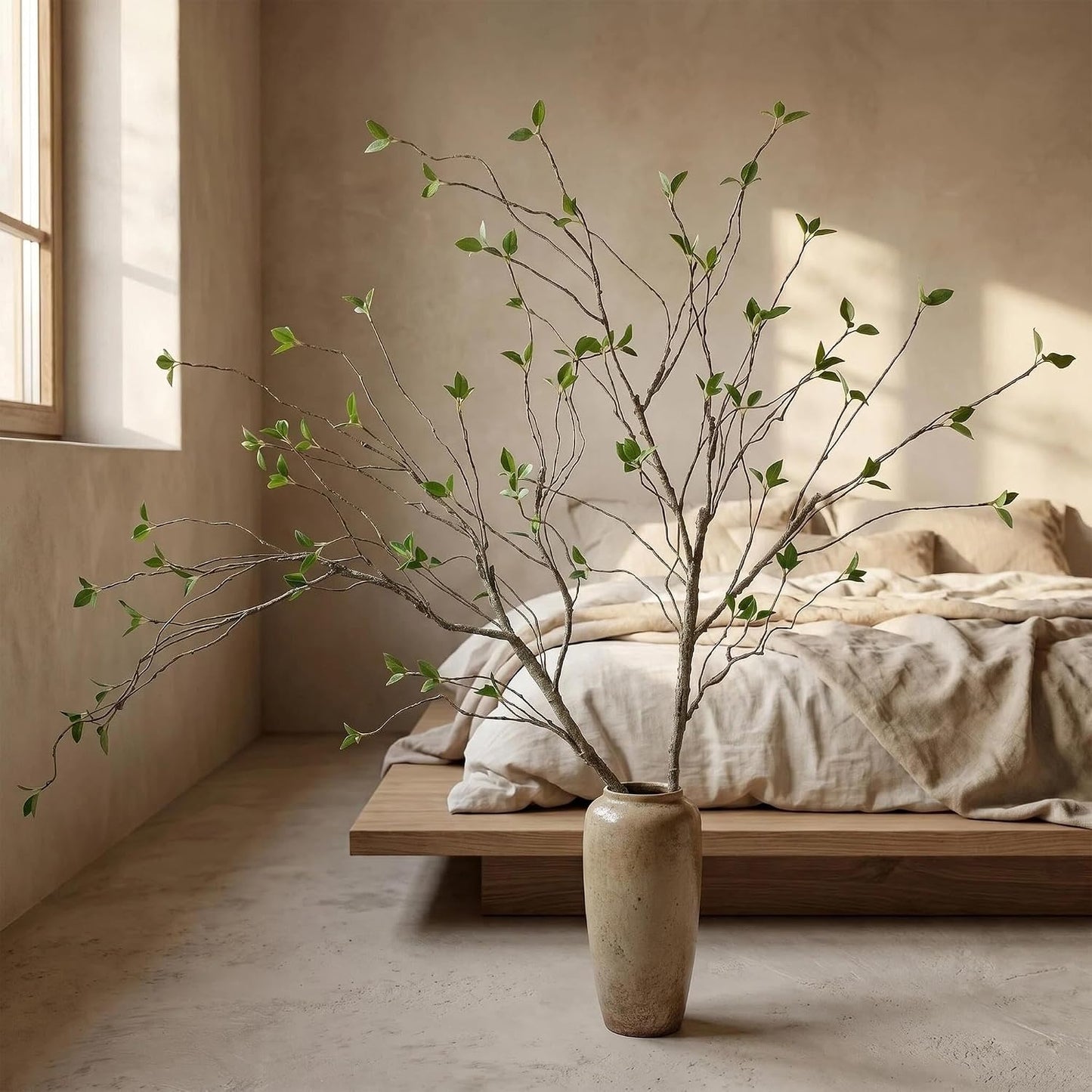 2pcs 57in Artificial Tree Branches Fake Vines with Realistic Leaves Bark Texture Bendable FauxBranches Outdoors Room Table Centerpiece Tree Wall Art Festive Decor（No Vases） (Minimalist_Style)