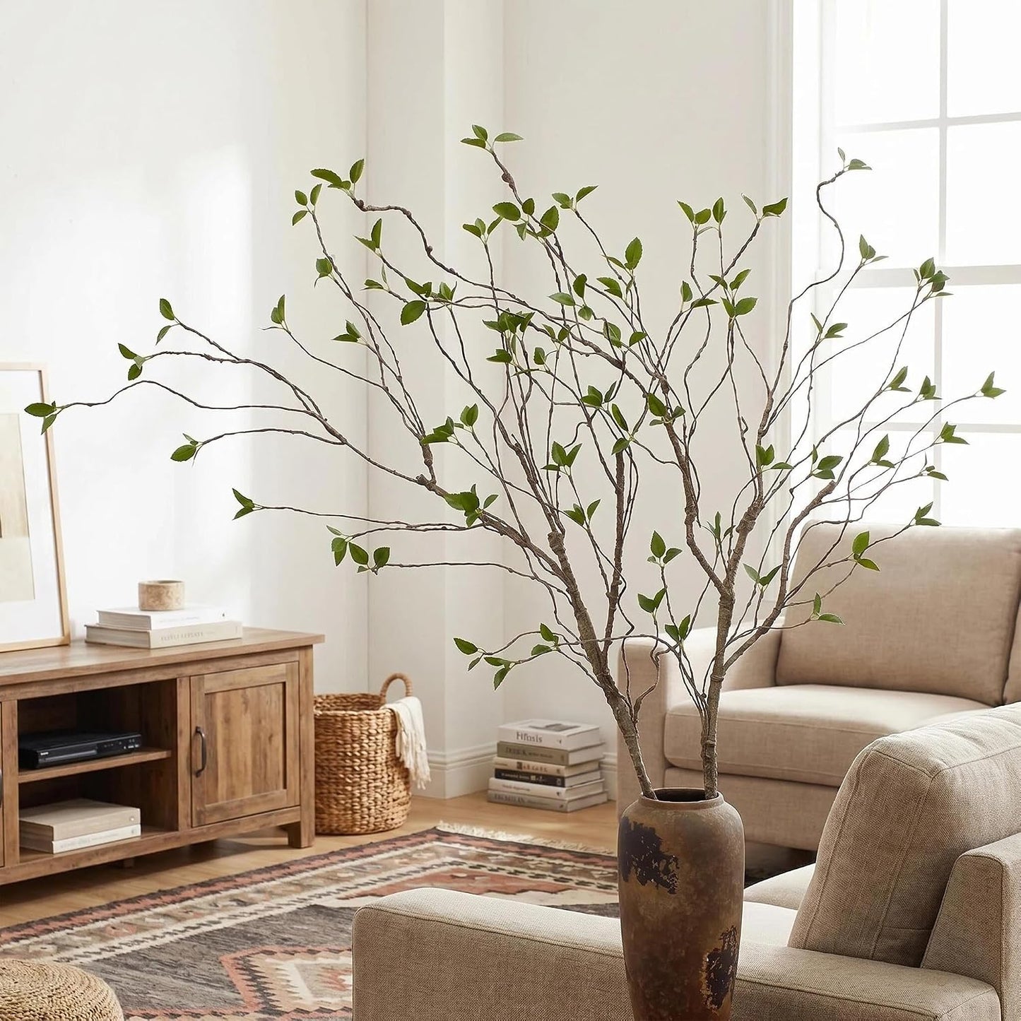 2pcs 57in Artificial Tree Branches Fake Vines with Realistic Leaves Bark Texture Bendable FauxBranches Outdoors Room Table Centerpiece Tree Wall Art Festive Decor（No Vases） (Minimalist_Style)