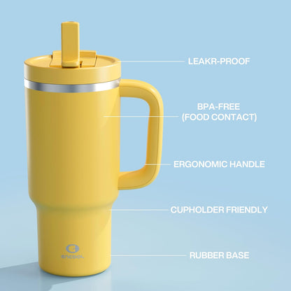 40 oz Tumbler with Handle and Straw: Stainless Steel Insulated Tumbler Keeps Cold for 24 Hours, Leakproof Travel Cup Fits in Cup Holder and BPA-Free,Elfin Yellow