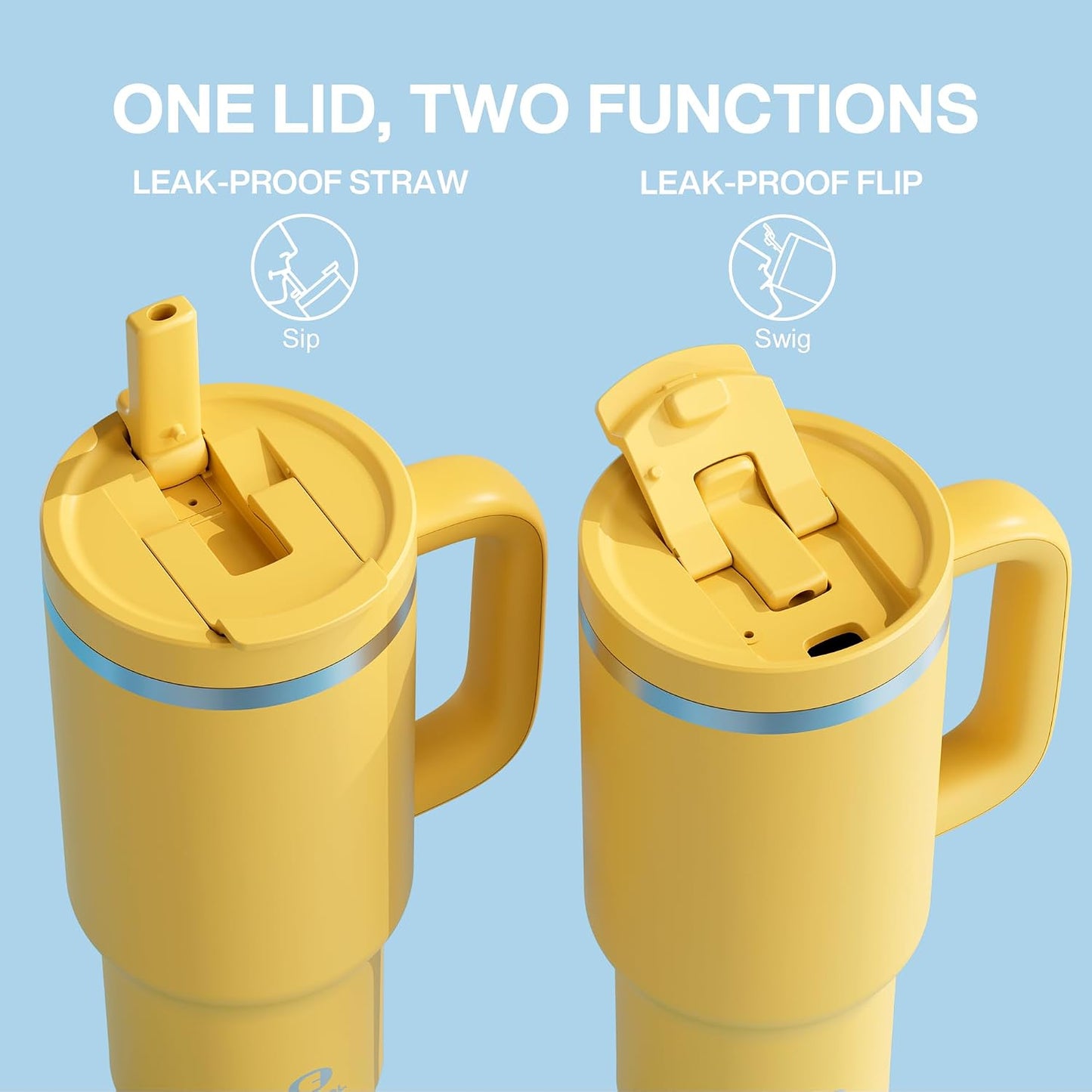 40 oz Tumbler with Handle and Straw: Stainless Steel Insulated Tumbler Keeps Cold for 24 Hours, Leakproof Travel Cup Fits in Cup Holder and BPA-Free,Elfin Yellow