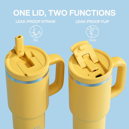 40 oz Tumbler with Handle and Straw: Stainless Steel Insulated Tumbler Keeps Cold for 24 Hours, Leakproof Travel Cup Fits in Cup Holder and BPA-Free,Elfin Yellow