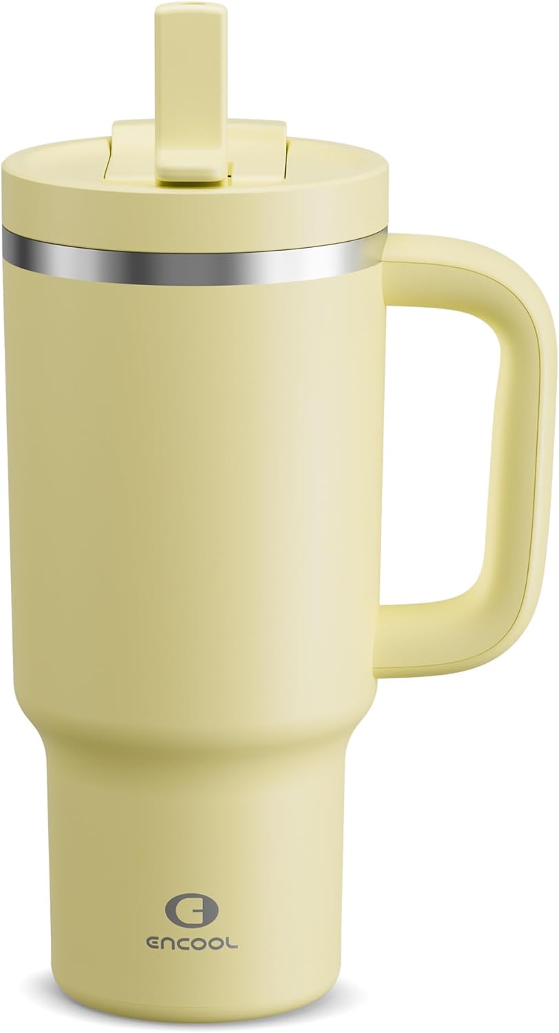 40 oz Tumbler with Handle and Straw: Stainless Steel Insulated Tumbler Keeps Cold for 24 Hours, Leakproof Travel Cup Fits in Cup Holder and BPA-Free,Elfin Yellow