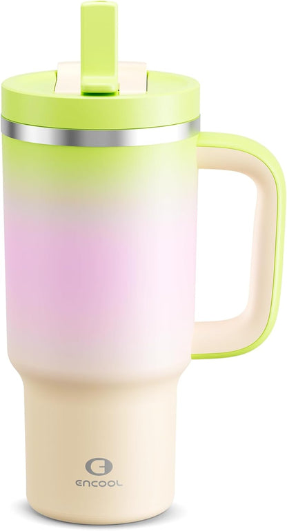 40 oz Tumbler with Handle and Straw: Stainless Steel Insulated Tumbler Keeps Cold for 24 Hours, Leakproof Travel Cup Fits in Cup Holder and BPA-Free,Elfin Yellow