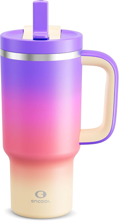 40 oz Tumbler with Handle and Straw: Stainless Steel Insulated Tumbler Keeps Cold for 24 Hours, Leakproof Travel Cup Fits in Cup Holder and BPA-Free,Elfin Yellow