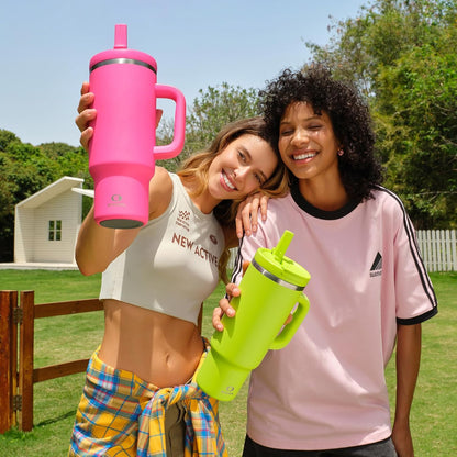 40 oz Tumbler with Handle and Straw: Stainless Steel Insulated Tumbler Keeps Cold for 24 Hours, Leakproof Travel Cup Fits in Cup Holder and BPA-Free,Elfin Yellow