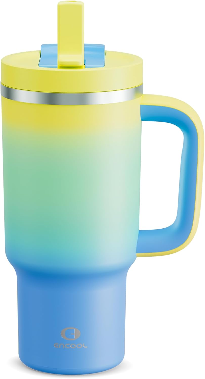 40 oz Tumbler with Handle and Straw: Stainless Steel Insulated Tumbler Keeps Cold for 24 Hours, Leakproof Travel Cup Fits in Cup Holder and BPA-Free,Elfin Yellow