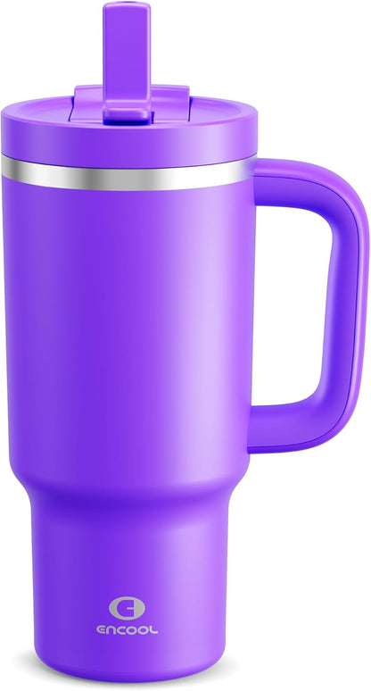 40 oz Tumbler with Handle and Straw: Stainless Steel Insulated Tumbler Keeps Cold for 24 Hours, Leakproof Travel Cup Fits in Cup Holder and BPA-Free,Elfin Yellow