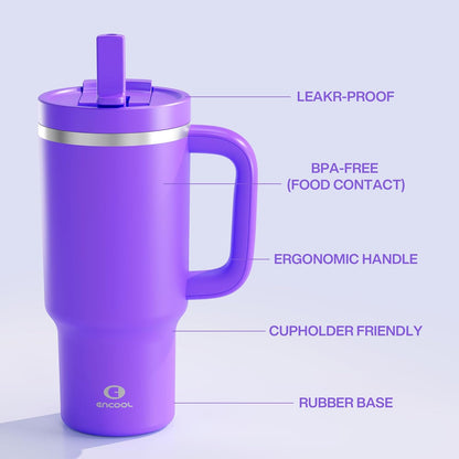 40 oz Tumbler with Handle and Straw: Stainless Steel Insulated Tumbler Keeps Cold for 24 Hours, Leakproof Travel Cup Fits in Cup Holder and BPA-Free,Elfin Yellow