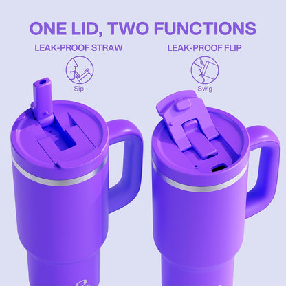 40 oz Tumbler with Handle and Straw: Stainless Steel Insulated Tumbler Keeps Cold for 24 Hours, Leakproof Travel Cup Fits in Cup Holder and BPA-Free,Elfin Yellow