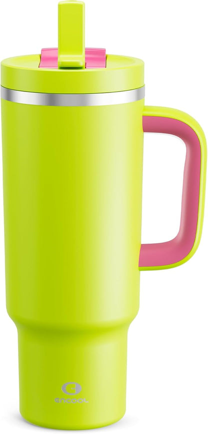 40 oz Tumbler with Handle and Straw: Stainless Steel Insulated Tumbler Keeps Cold for 24 Hours, Leakproof Travel Cup Fits in Cup Holder and BPA-Free,Elfin Yellow