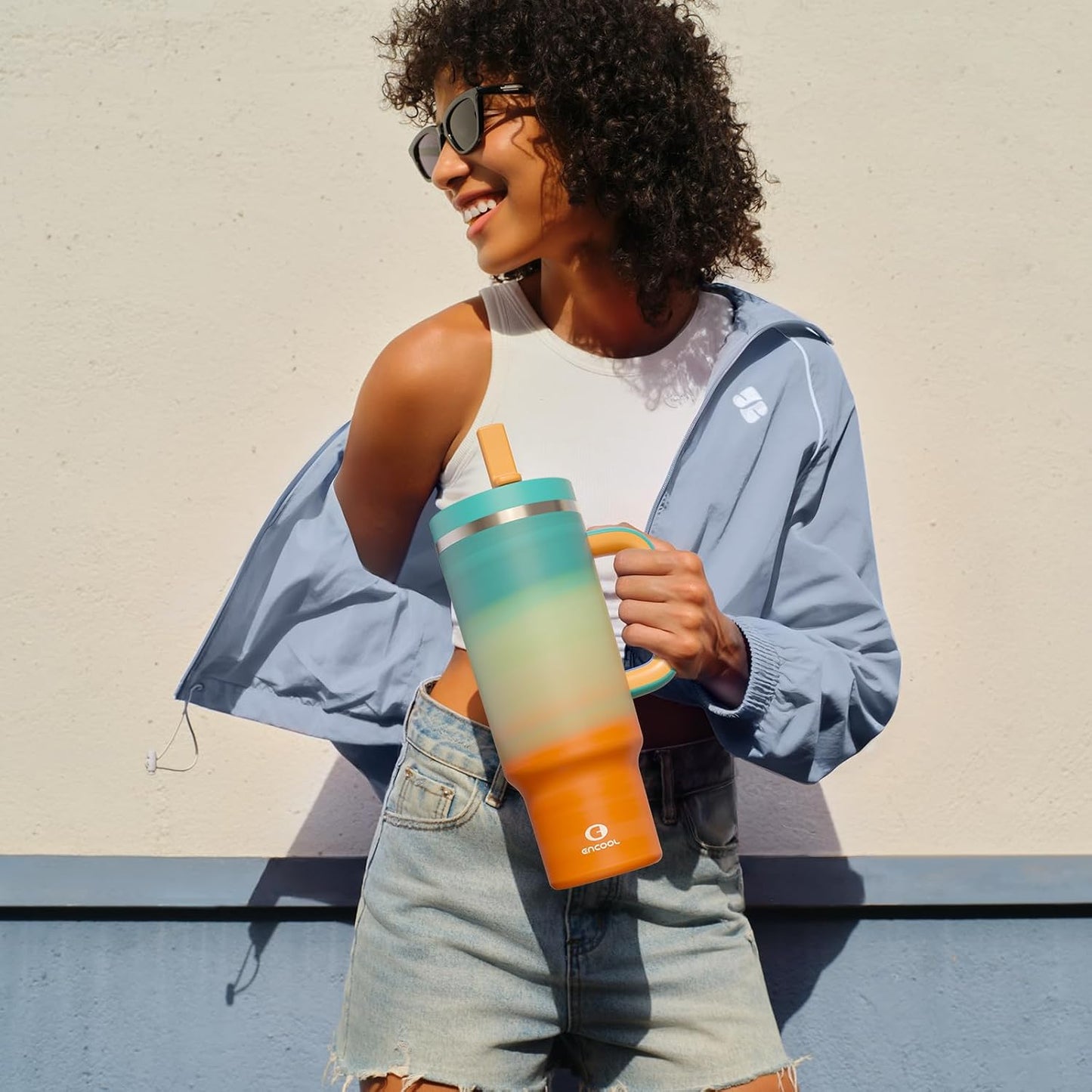 40 oz Tumbler with Handle and Straw: Stainless Steel Insulated Tumbler Keeps Cold for 24 Hours, Leakproof Travel Cup Fits in Cup Holder and BPA-Free,Elfin Yellow