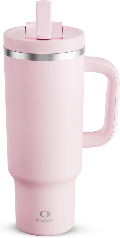 40 oz Tumbler with Handle and Straw: Stainless Steel Insulated Tumbler Keeps Cold for 24 Hours, Leakproof Travel Cup Fits in Cup Holder and BPA-Free,Elfin Yellow