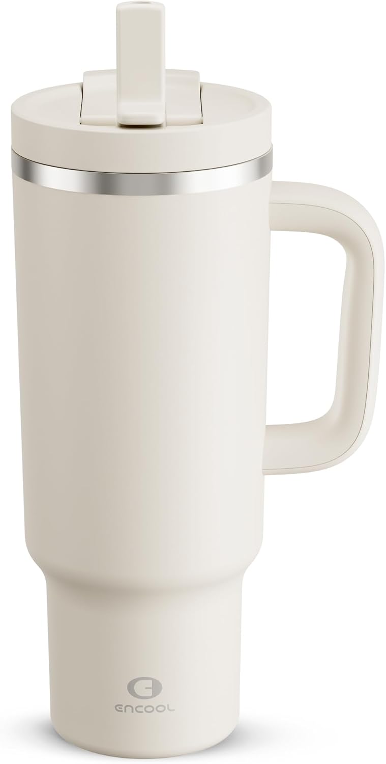 40 oz Tumbler with Handle and Straw: Stainless Steel Insulated Tumbler Keeps Cold for 24 Hours, Leakproof Travel Cup Fits in Cup Holder and BPA-Free,Elfin Yellow