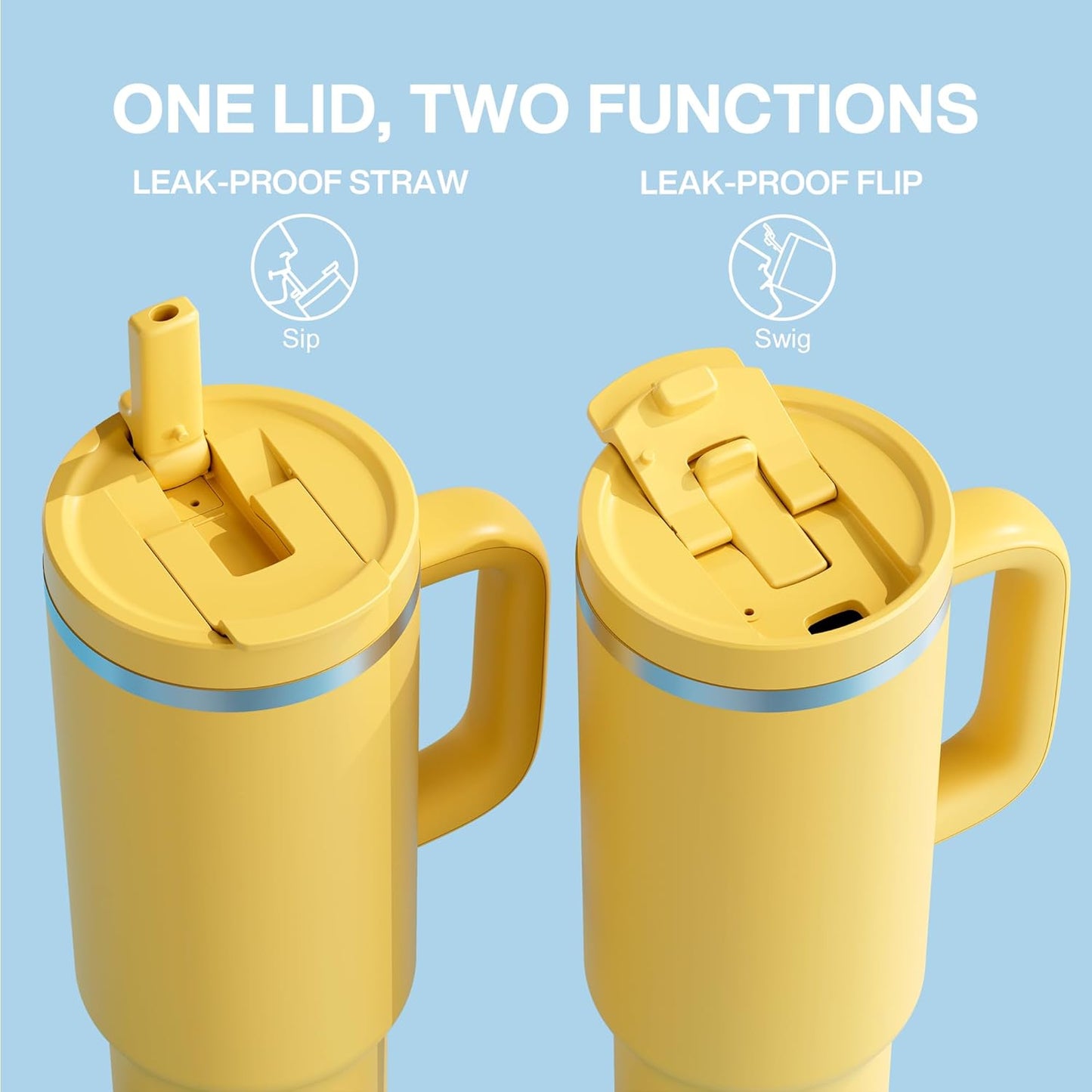 40 oz Tumbler with Handle and Straw: Stainless Steel Insulated Tumbler Keeps Cold for 24 Hours, Leakproof Travel Cup Fits in Cup Holder and BPA-Free,Elfin Yellow