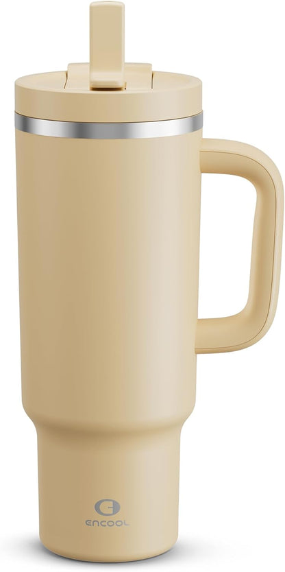 40 oz Tumbler with Handle and Straw: Stainless Steel Insulated Tumbler Keeps Cold for 24 Hours, Leakproof Travel Cup Fits in Cup Holder and BPA-Free,Elfin Yellow