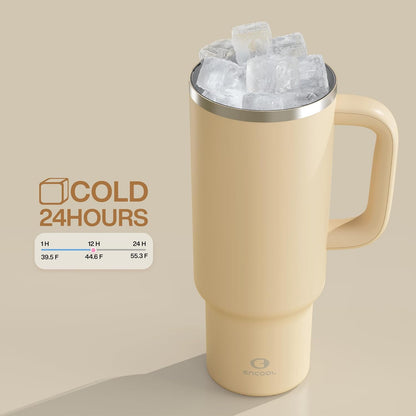 40 oz Tumbler with Handle and Straw: Stainless Steel Insulated Tumbler Keeps Cold for 24 Hours, Leakproof Travel Cup Fits in Cup Holder and BPA-Free,Elfin Yellow