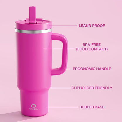 40 oz Tumbler with Handle and Straw: Stainless Steel Insulated Tumbler Keeps Cold for 24 Hours, Leakproof Travel Cup Fits in Cup Holder and BPA-Free,Elfin Yellow