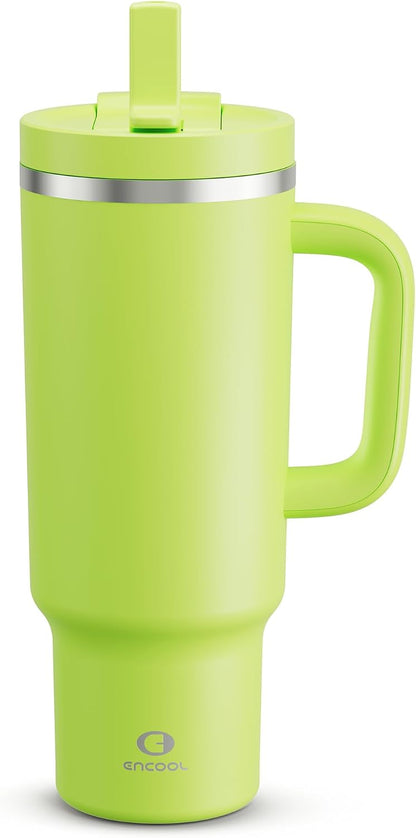 40 oz Tumbler with Handle and Straw: Stainless Steel Insulated Tumbler Keeps Cold for 24 Hours, Leakproof Travel Cup Fits in Cup Holder and BPA-Free,Elfin Yellow