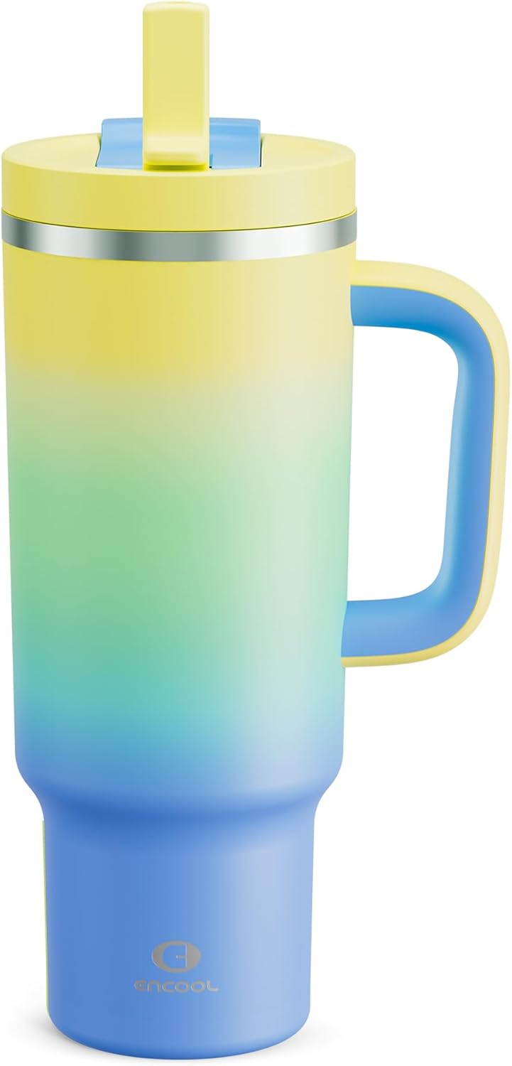 40 oz Tumbler with Handle and Straw: Stainless Steel Insulated Tumbler Keeps Cold for 24 Hours, Leakproof Travel Cup Fits in Cup Holder and BPA-Free,Elfin Yellow