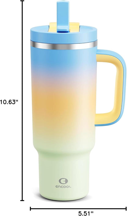 40 oz Tumbler with Handle and Straw: Stainless Steel Insulated Tumbler Keeps Cold for 24 Hours, Leakproof Travel Cup Fits in Cup Holder and BPA-Free,Elfin Yellow