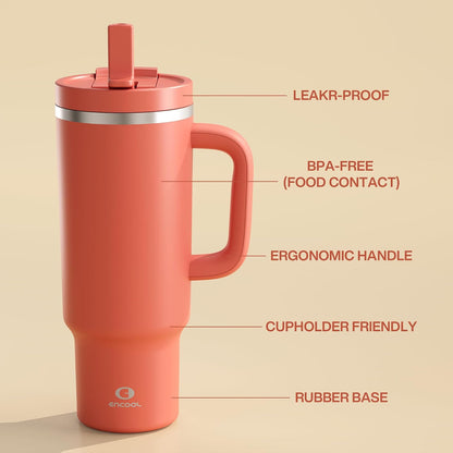 40 oz Tumbler with Handle and Straw: Stainless Steel Insulated Tumbler Keeps Cold for 24 Hours, Leakproof Travel Cup Fits in Cup Holder and BPA-Free,Elfin Yellow