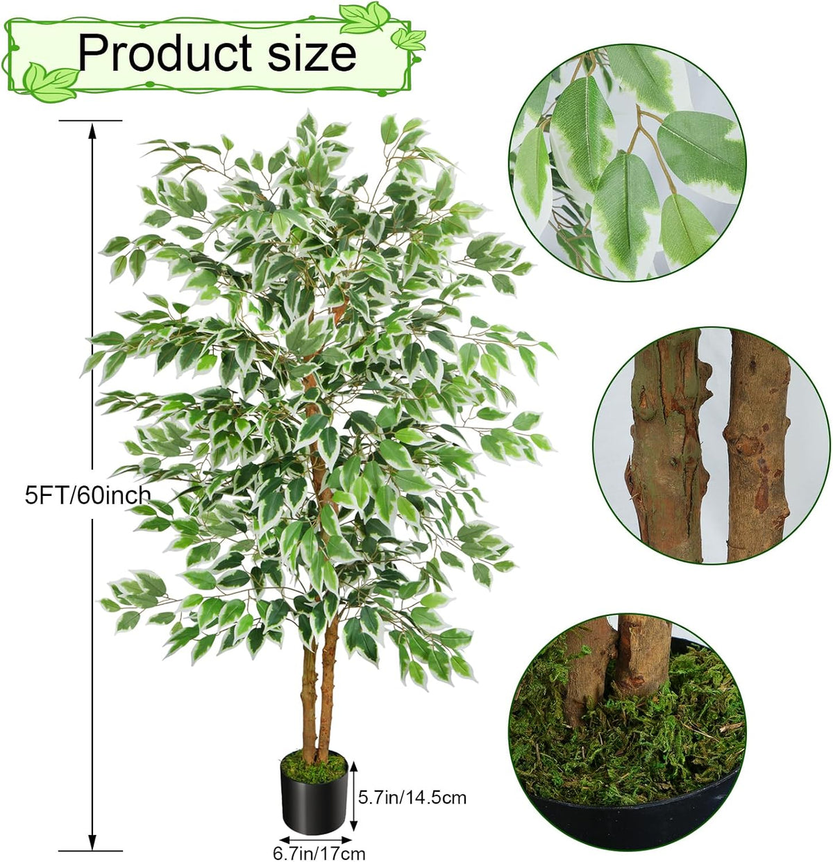 6FT Artificial Ficus Tree with Real Wood Trunks, Faux Tree Indoor