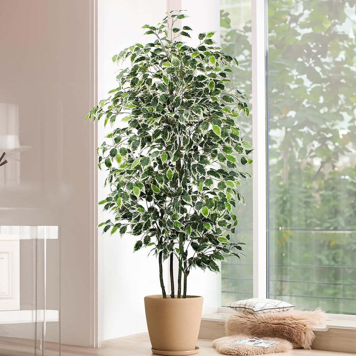 Artificial Ficus Tree - 4 FT Tall Silk Fake Tree with Pot - Lifelike Foliage & Branches for Indoor/Outdoor Decor
