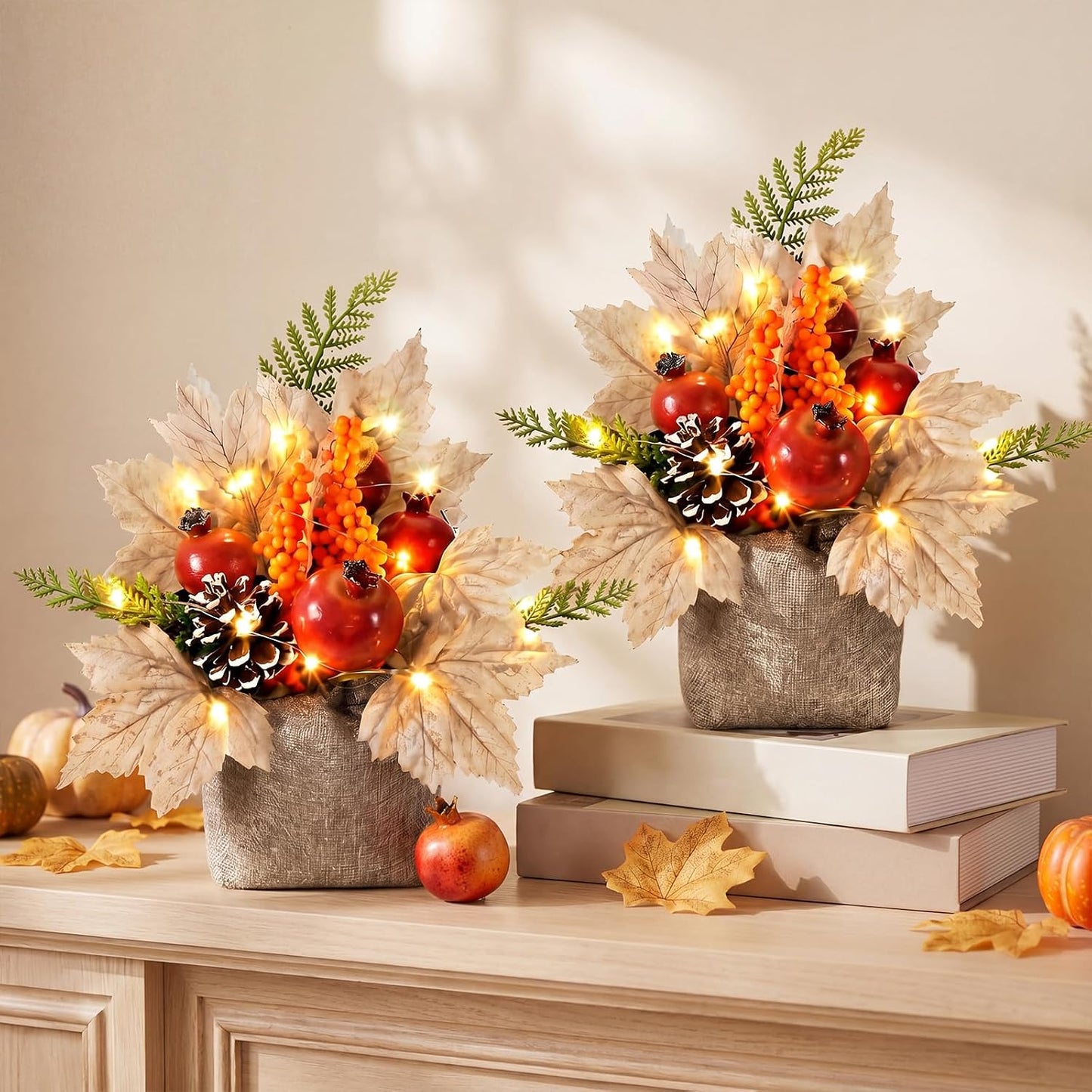 2 Pack Fall Table Decorations for Home LED Maple Leaf Pomegranates Berry Tabletop Lighted Maple Tree Thanksgiving Fall Table Centerpiece Decor for Indoor Autumn Harvest Decorations