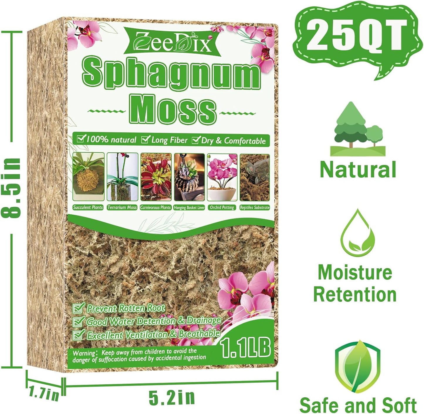 4 qt Sphagnum Moss for Indoor Plants, Natural Dried Long Fiber Moss for Orchid Repotting, Carnivorous Plants, Succulents, Monstera, Flower & Reptile Terrariums Habitats (3 oz)