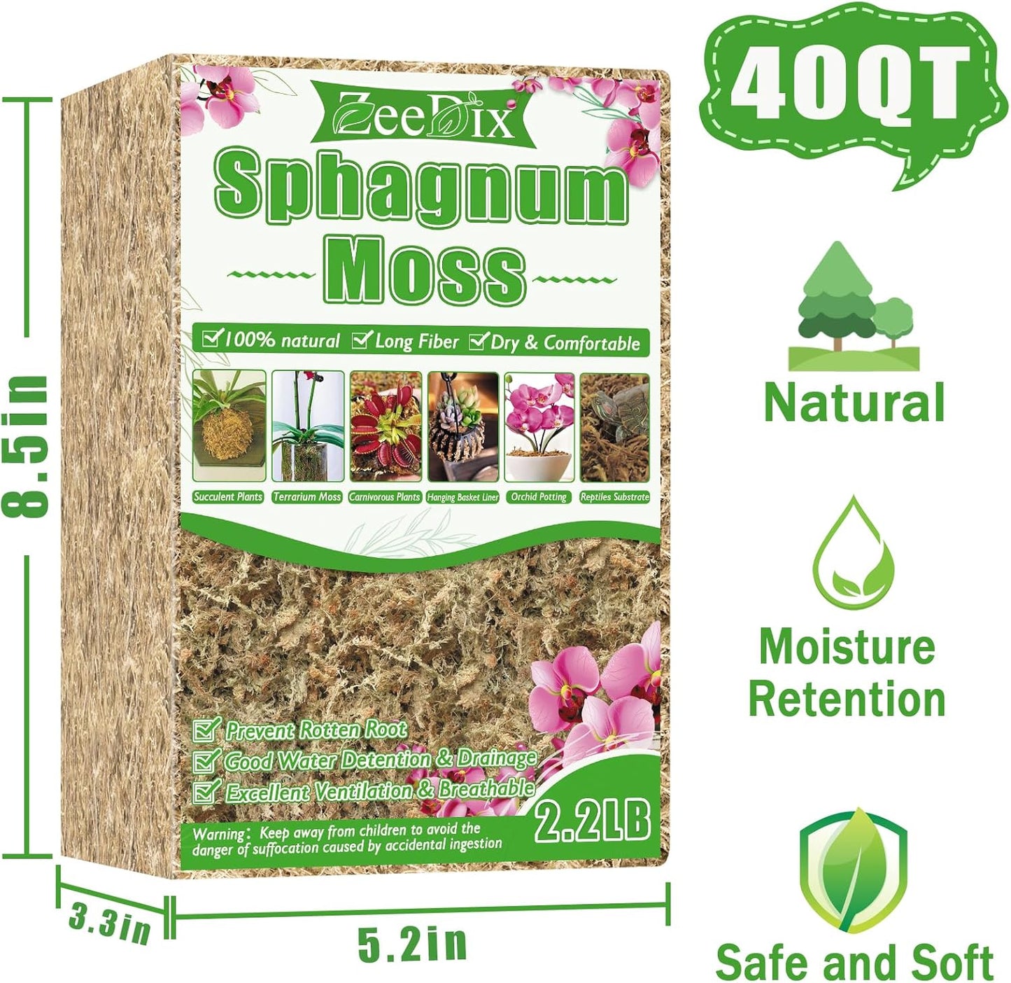4 qt Sphagnum Moss for Indoor Plants, Natural Dried Long Fiber Moss for Orchid Repotting, Carnivorous Plants, Succulents, Monstera, Flower & Reptile Terrariums Habitats (3 oz)