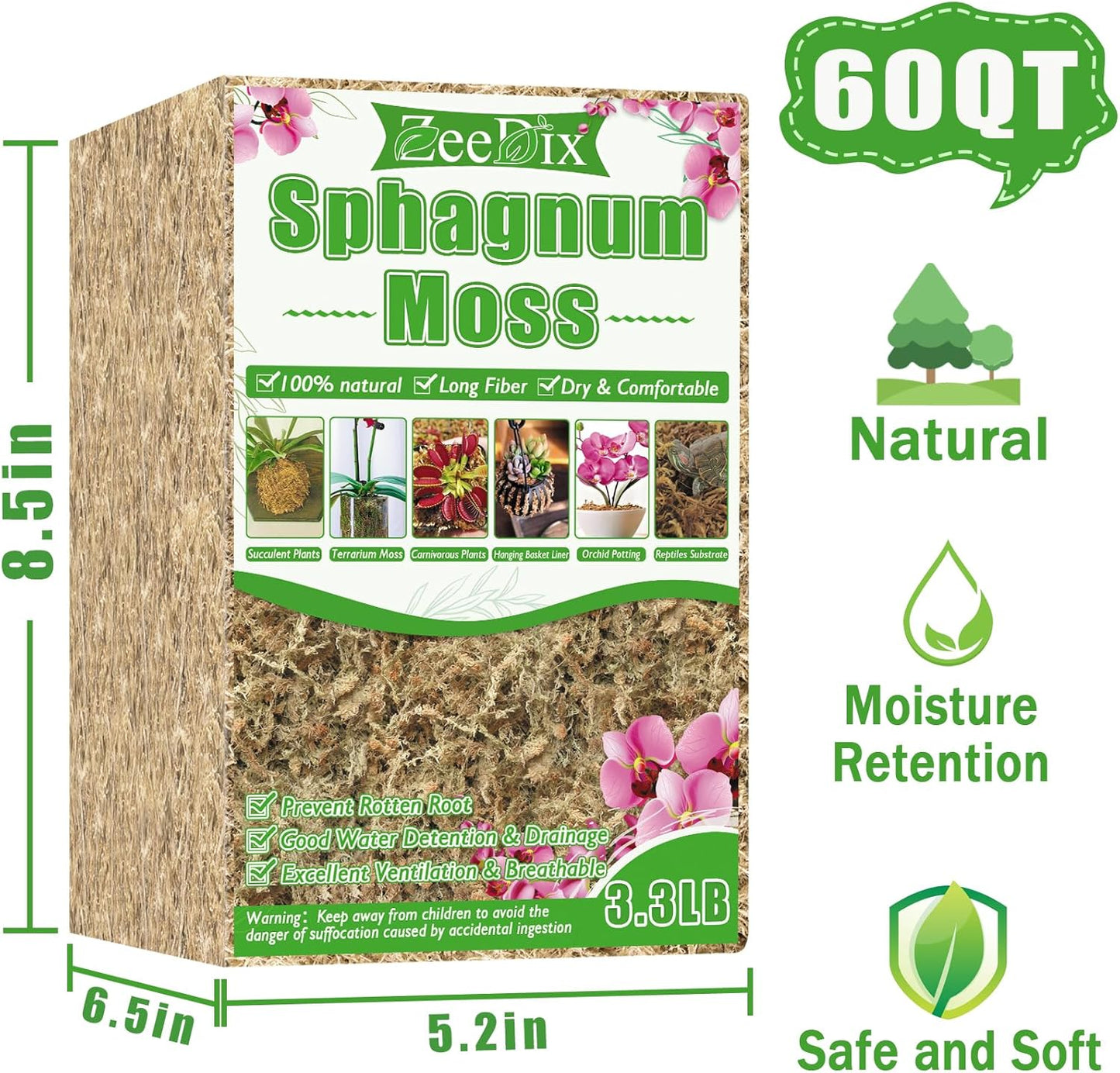 4 qt Sphagnum Moss for Indoor Plants, Natural Dried Long Fiber Moss for Orchid Repotting, Carnivorous Plants, Succulents, Monstera, Flower & Reptile Terrariums Habitats (3 oz)