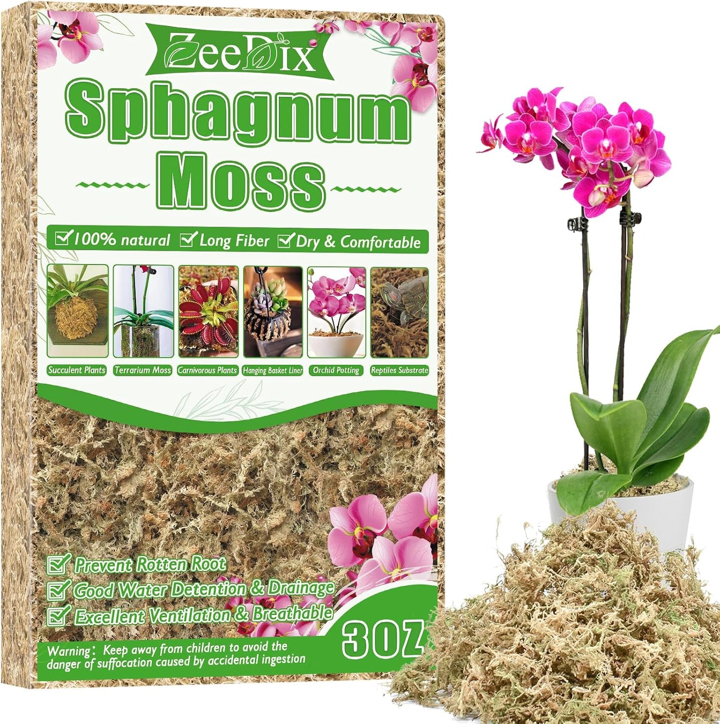 4 qt Sphagnum Moss for Indoor Plants, Natural Dried Long Fiber Moss for Orchid Repotting, Carnivorous Plants, Succulents, Monstera, Flower & Reptile Terrariums Habitats (3 oz)
