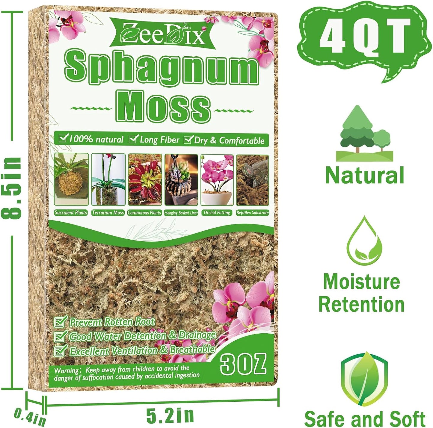 4 qt Sphagnum Moss for Indoor Plants, Natural Dried Long Fiber Moss for Orchid Repotting, Carnivorous Plants, Succulents, Monstera, Flower & Reptile Terrariums Habitats (3 oz)