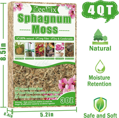 4 qt Sphagnum Moss for Indoor Plants, Natural Dried Long Fiber Moss for Orchid Repotting, Carnivorous Plants, Succulents, Monstera, Flower & Reptile Terrariums Habitats (3 oz)