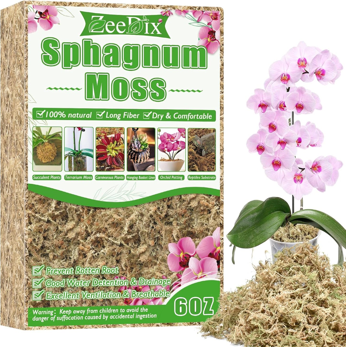 4 qt Sphagnum Moss for Indoor Plants, Natural Dried Long Fiber Moss for Orchid Repotting, Carnivorous Plants, Succulents, Monstera, Flower & Reptile Terrariums Habitats (3 oz)