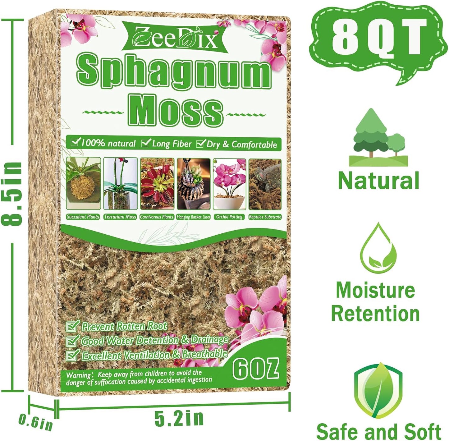 4 qt Sphagnum Moss for Indoor Plants, Natural Dried Long Fiber Moss for Orchid Repotting, Carnivorous Plants, Succulents, Monstera, Flower & Reptile Terrariums Habitats (3 oz)