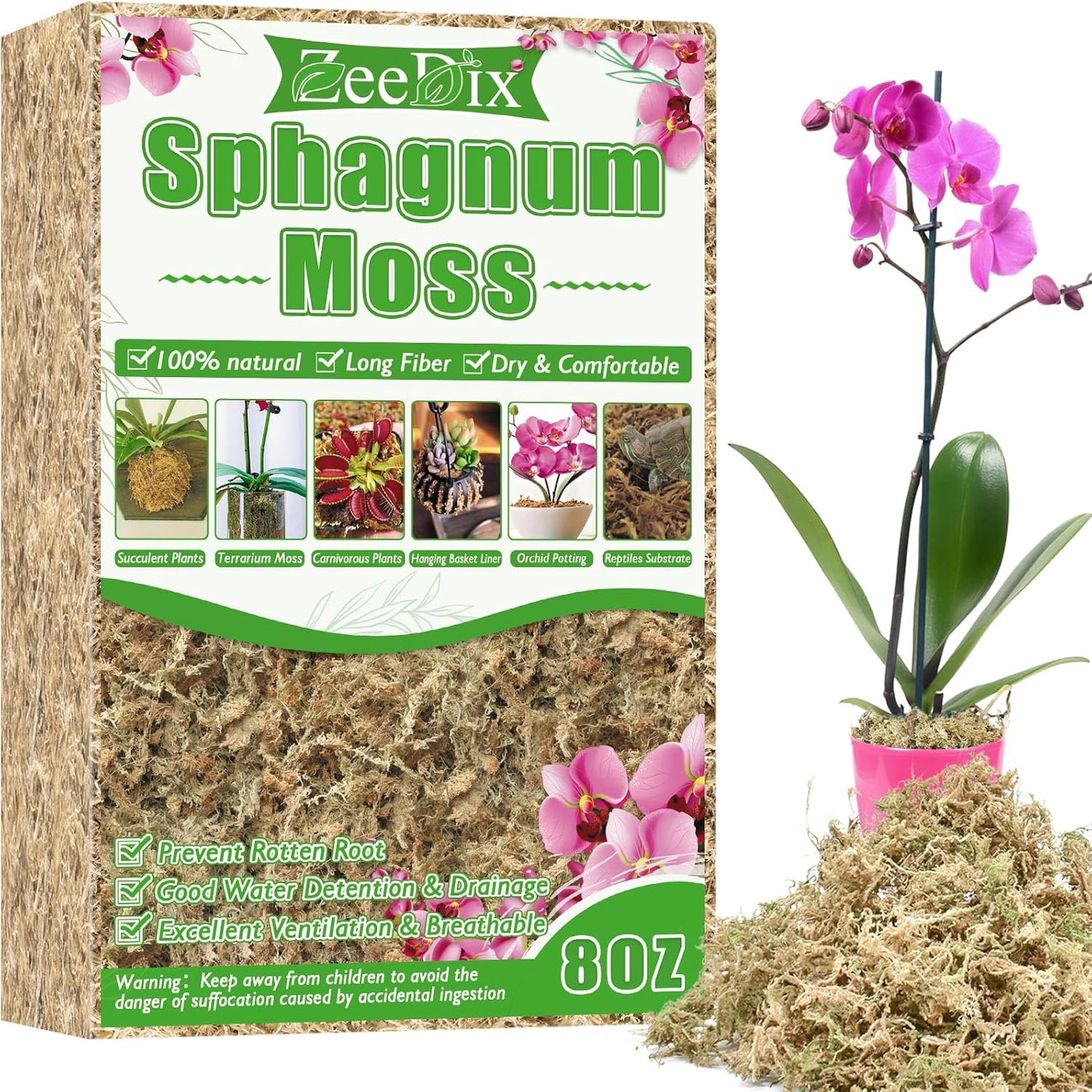 4 qt Sphagnum Moss for Indoor Plants, Natural Dried Long Fiber Moss for Orchid Repotting, Carnivorous Plants, Succulents, Monstera, Flower & Reptile Terrariums Habitats (3 oz)