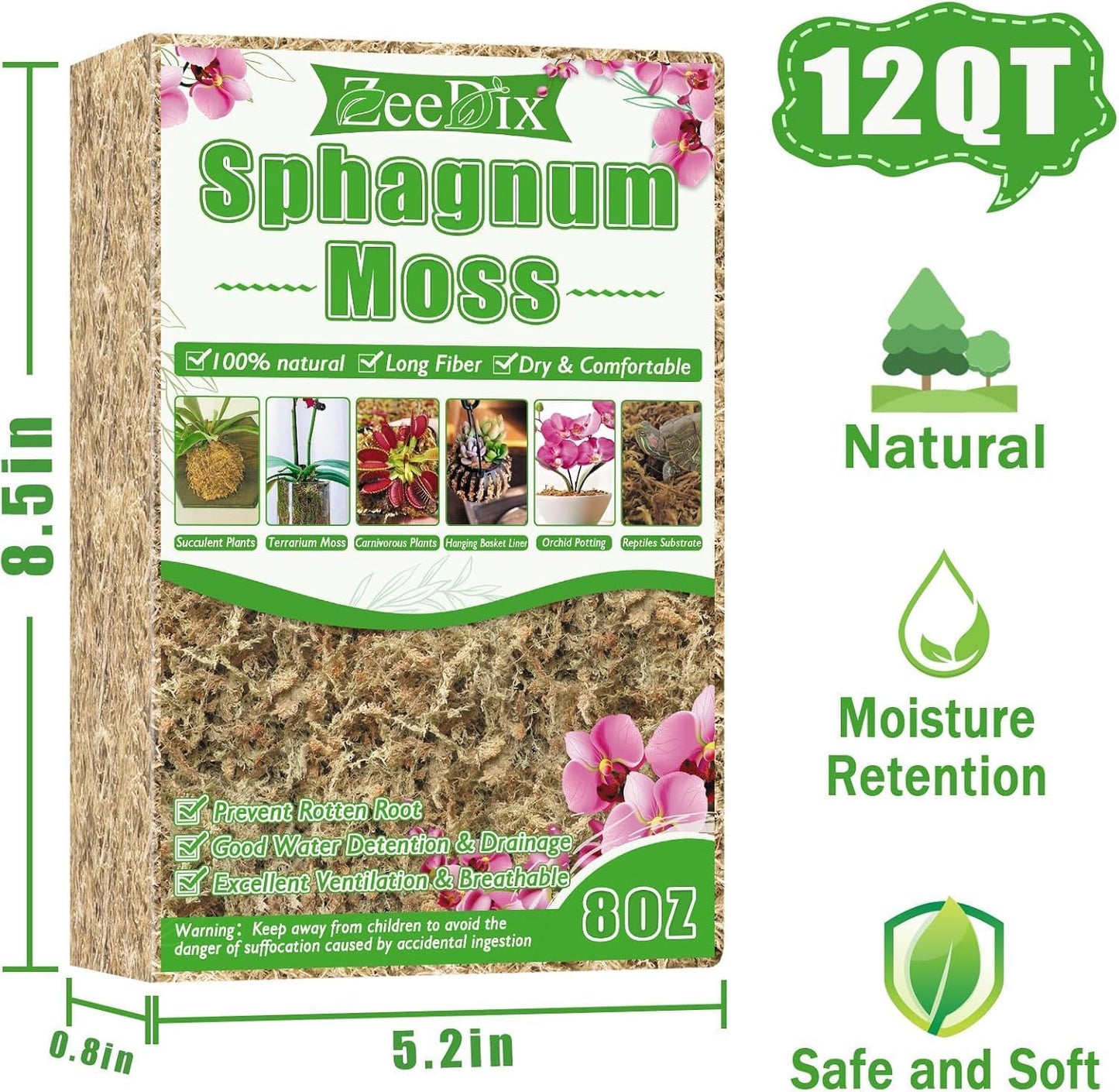4 qt Sphagnum Moss for Indoor Plants, Natural Dried Long Fiber Moss for Orchid Repotting, Carnivorous Plants, Succulents, Monstera, Flower & Reptile Terrariums Habitats (3 oz)