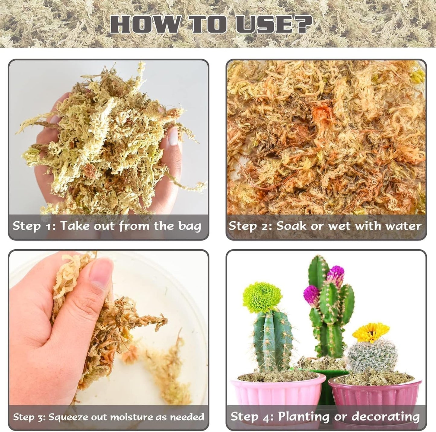 4 qt Sphagnum Moss for Indoor Plants, Natural Dried Long Fiber Moss for Orchid Repotting, Carnivorous Plants, Succulents, Monstera, Flower & Reptile Terrariums Habitats (3 oz)