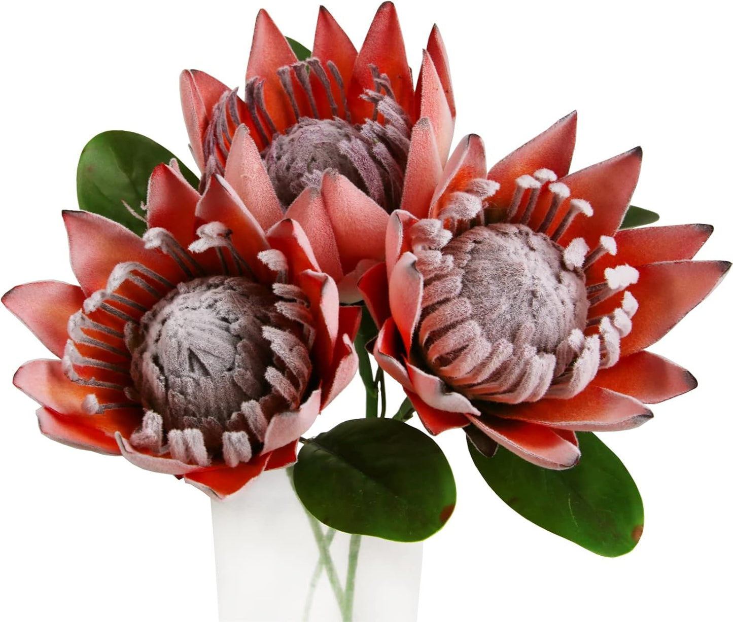 Artificial Protea Cynaroides for Flower Arrangements, Faux Silk Bouquet for Table Decoration Centerpieces, Wedding (3 Pieces, Red)