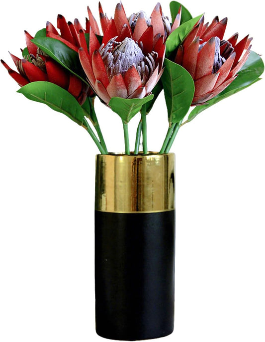 Artificial Protea Cynaroides for Flower Arrangements, Faux Silk Bouquet for Table Decoration Centerpieces, Wedding (3 Pieces, Red)