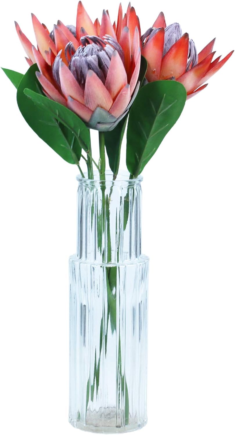 Artificial Protea Cynaroides for Flower Arrangements, Faux Silk Bouquet for Table Decoration Centerpieces, Wedding (3 Pieces, Red)