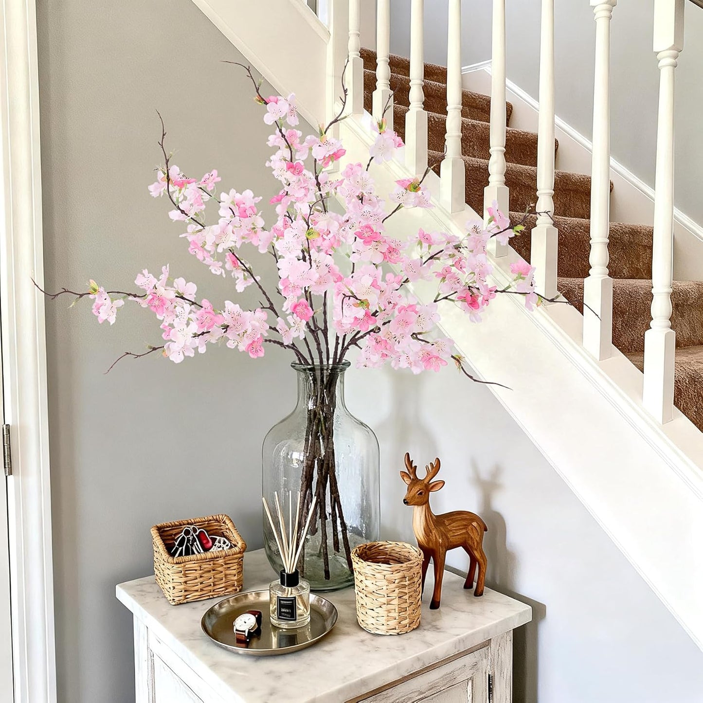 INXUGAO 12 PCS Faux Cherry Blossom Branches Decor 18.11 Inch Fake Artificial Cherry Flowers for Home Indoor Decoration Vase Arrangement Table Living Room Bedroom Spring Decor